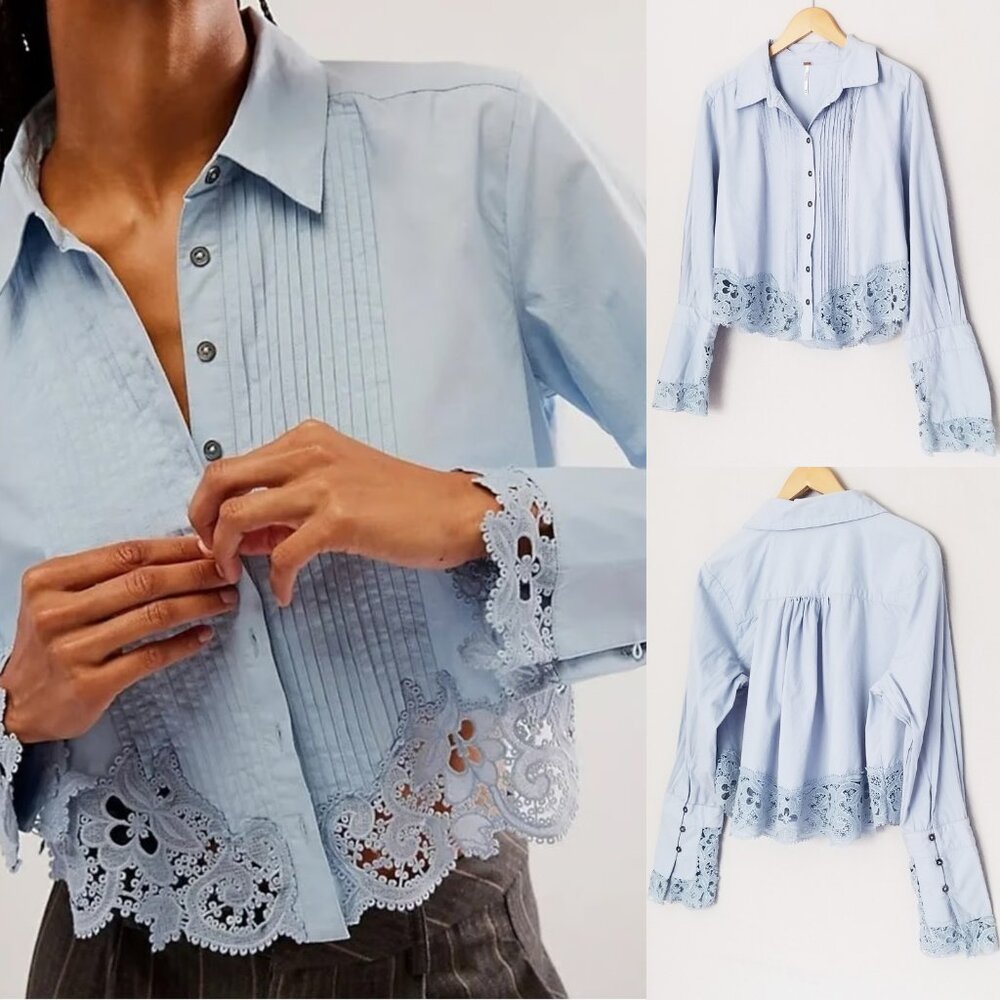 Free People Crochet Lace Trim Hooked On You Top Button Front Shirt Blue M $128 - Picture 1 of 16